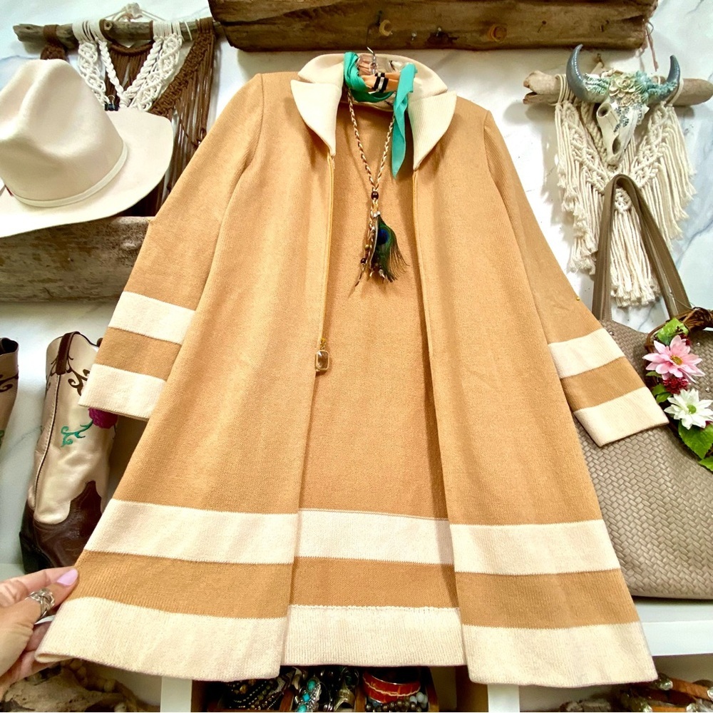 St. John Collection Camel and Cream Striped Knit Swing Cardigan